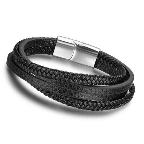 Men Stainless Steel Leather Bracelets Braided Rope Magnetic Clasp