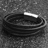 Men Stainless Steel Leather Bracelets Braided Rope Magnetic Clasp