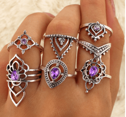 Retro Purple Crystal joint ring set- Free with Purchase