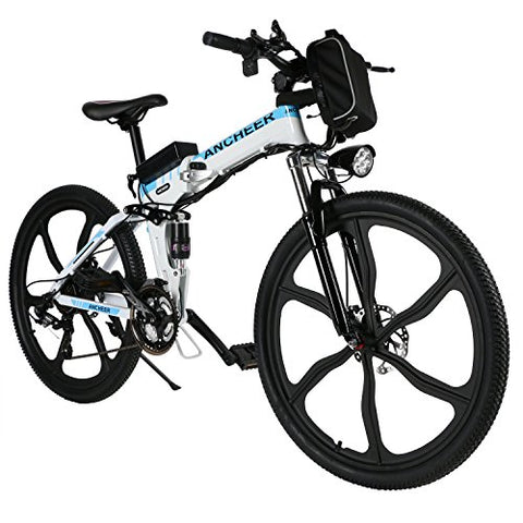 ANCHEER Electric Bike Folding Electric Commuting Bike/Mountain Bike with 26" Magnesium Alloy Integrated Wheel, Premium Front and Rear Suspension and 21 Speed Gears