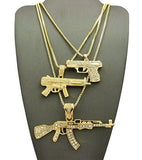 Shiny Jewelers USA Mens ICED Out Machine Gun AK47 Chopper,Uzi Weapon, Hand Gun Pendant Box, Rope, Cuban Chain 3 Necklace Set (Set of 3 Necklace)