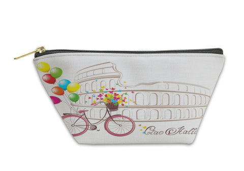 Accessory Pouch, Ciao Italia Text With Colosseum And Bicycle Romantic Postcard From Rome Italy