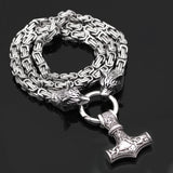 Men domineering stainless steel wolf head necklace with Nordic Viking Thor hammer pendant hanging Viking king chain