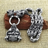 Men domineering stainless steel wolf head necklace with Nordic Viking Thor hammer pendant hanging Viking king chain