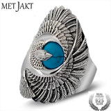 MetJakt Punk Rock 925 Sterling Silver Ring with Natural Turquoise Hand Carved Eagle Wings Rings for Unisex Thai Silver Jewelry