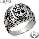 MetJakt Punk Rock US Navy Men's Rings & Hand Carved USN and Eagle Pattern Solid 925 Sterling Silver Vintage Cool Men Jewelry
