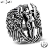 MetJakt Vintage Holy Headless Guardian Angel Ring Solid 925 Sterling Silver Ring for Men Punk Rock Thai Silver Jewelry